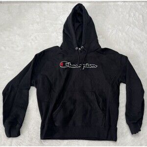 Champion Reverse Weave Hoodie Black Spellout Logo Medium Youth